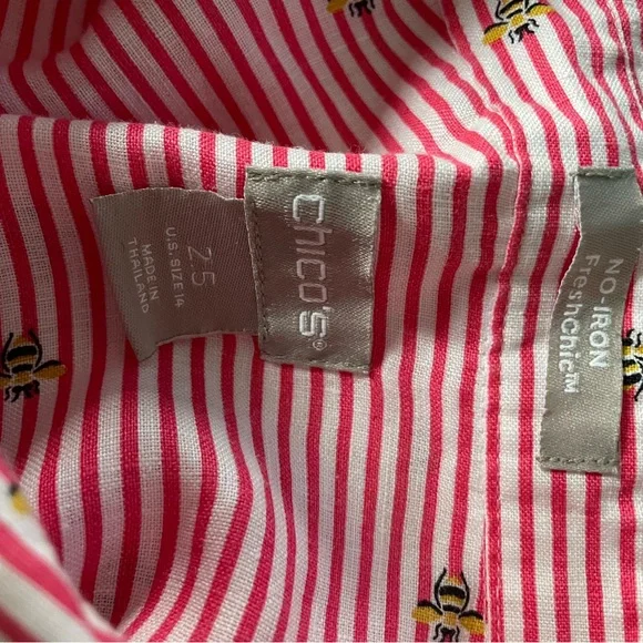 Chicos Red stripe linen blouse with bee print sz 14 - Picture 6 of 7